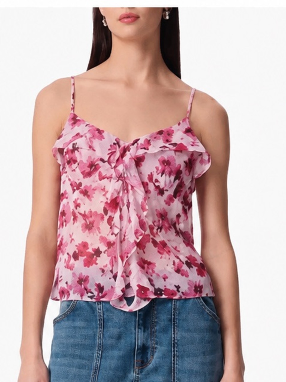 Japna Pink Red Floral Ruffle Cami Top Size S/P NWT